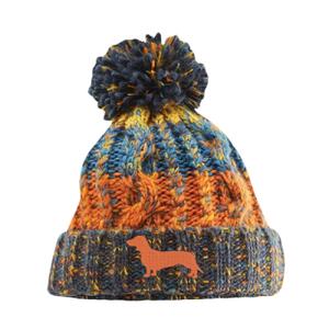 Dachshund (retro blue) - Corkscrew pom pom beanie Thumbnail