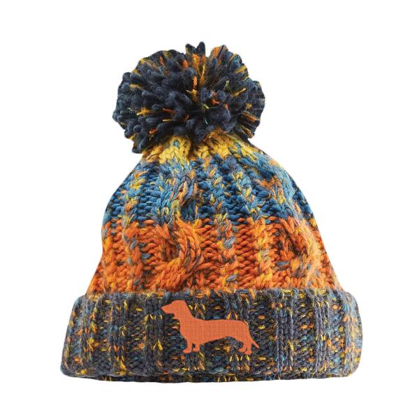 Dachshund (retro blue) - Corkscrew pom pom beanie Thumbnail