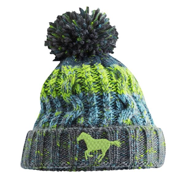 Horse Electric green  - Corkscrew pom pom beanie Thumbnail
